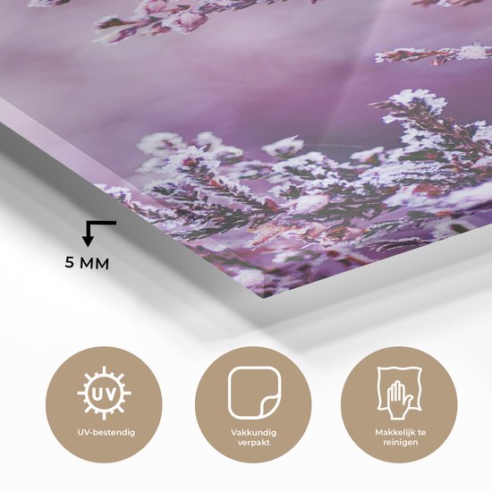 MuchoWow® Glasschilderij 120x180 cm - Schilderij acrylglas - Lavendel - Winter - Bloemen - Paars - Foto op glas - Muurdecoratie woonkamer - Wanddecoratie slaapkamer - Schilderijen