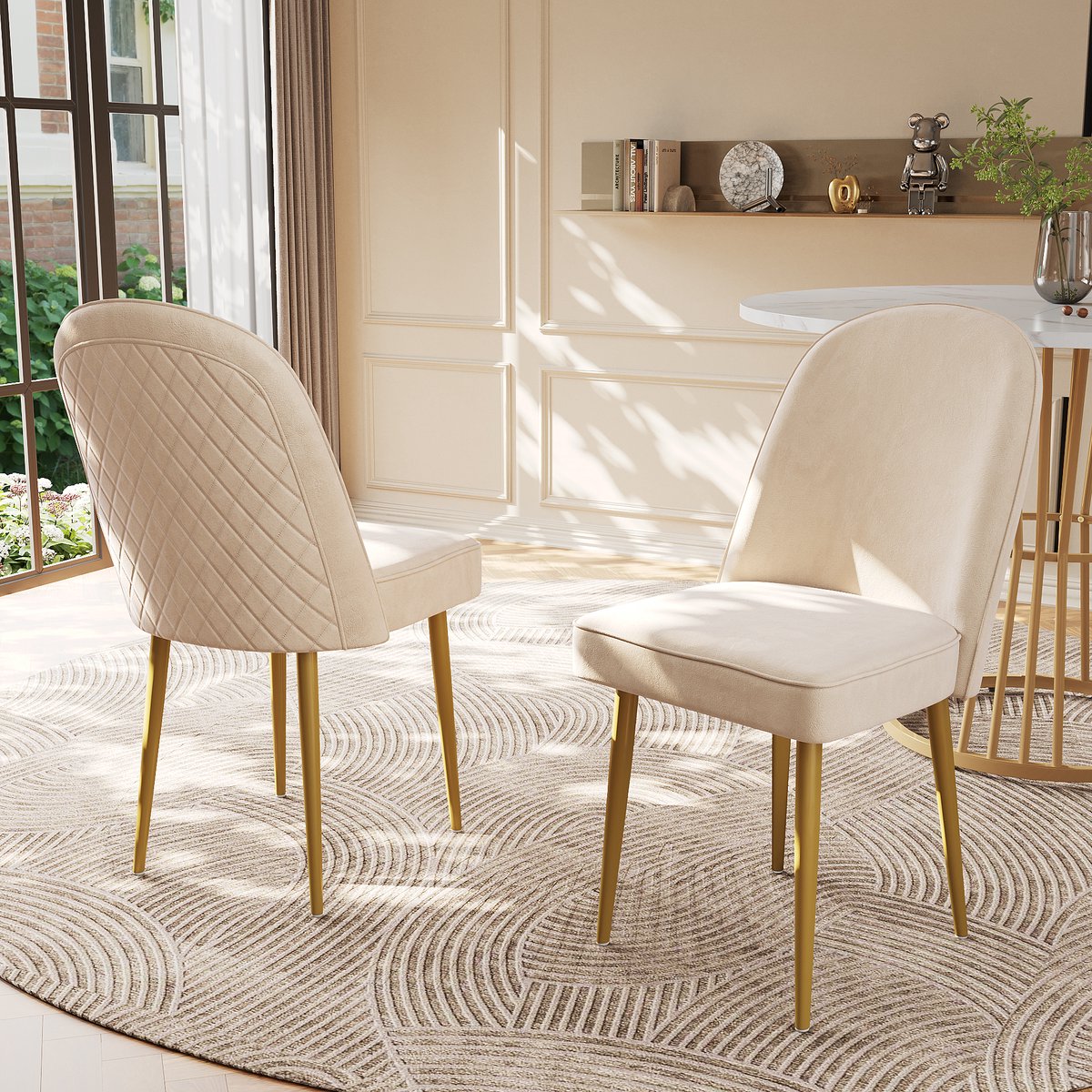 Gutent Eetkamerstoel, 2 stuks, Beige, Fluwelen Eetkamerstoel, Goud metalen poten, Stijlvol en comfortabel, geschikt voor eetkamer, woonkamer en studeerkamer