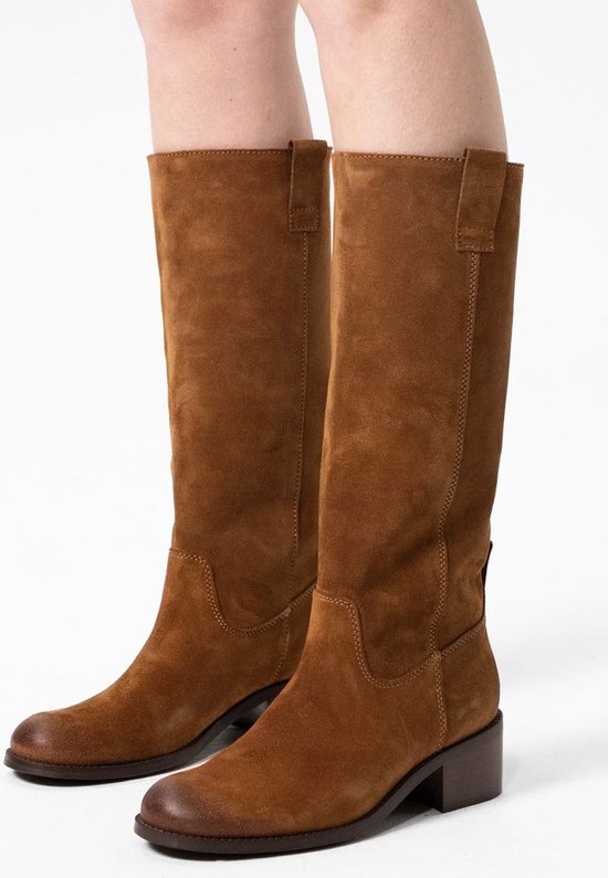 Sacha Dames Cognac suede hoge laarzen met hak Maat 36 bol