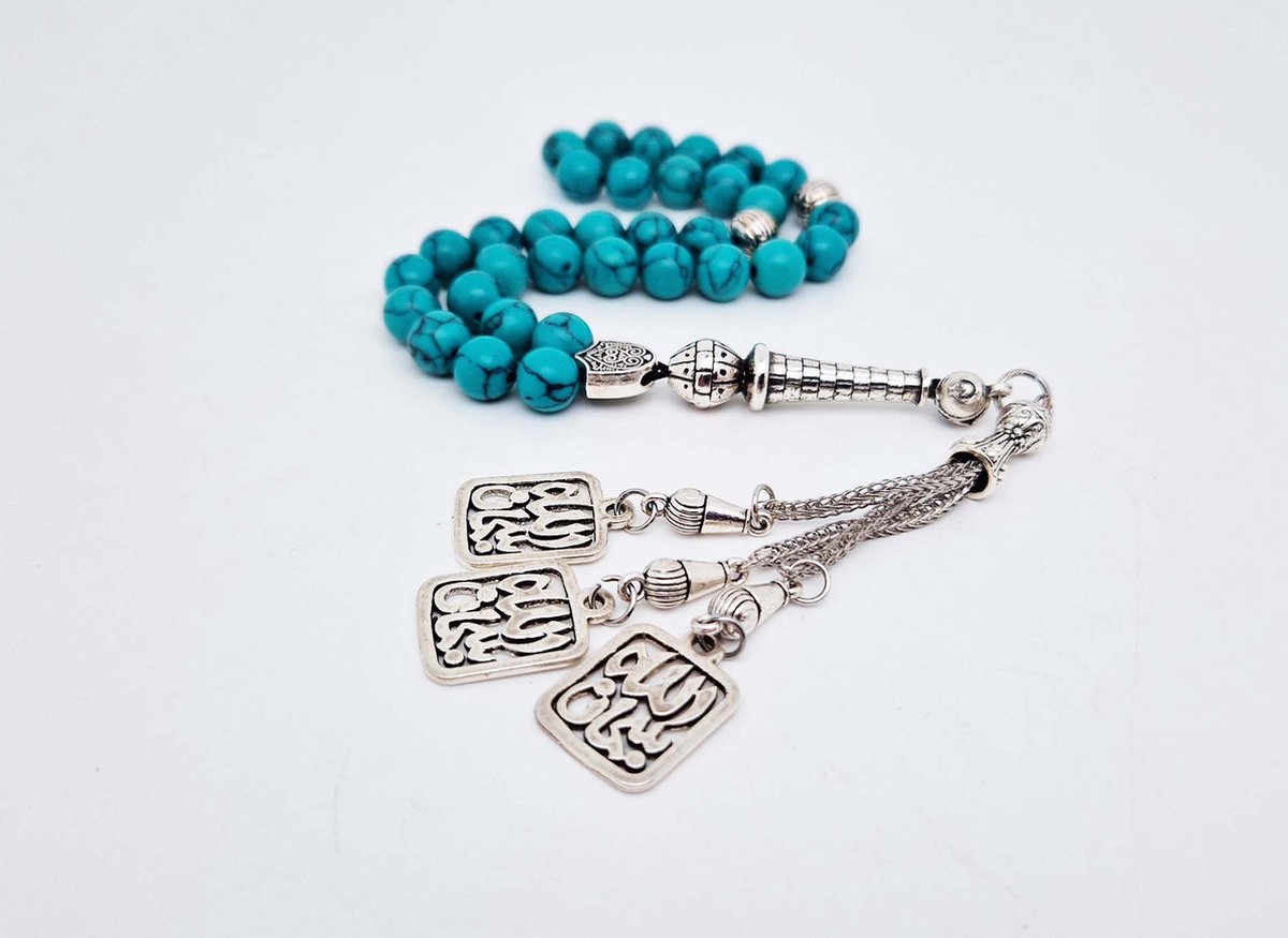 Handgemaakte tesbih "tasbih" natuursteen "Howliet groen" - Aantal kralen 33 - Diameter kralen 8 MM - met metaal tassel "model A4" - Een mooi cadeau-idee