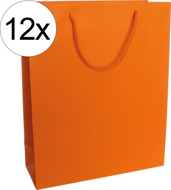 Un seul sac fourre-tout en papier orange avec des poignées en cordon torsadé, devant avec un cercle "12x".