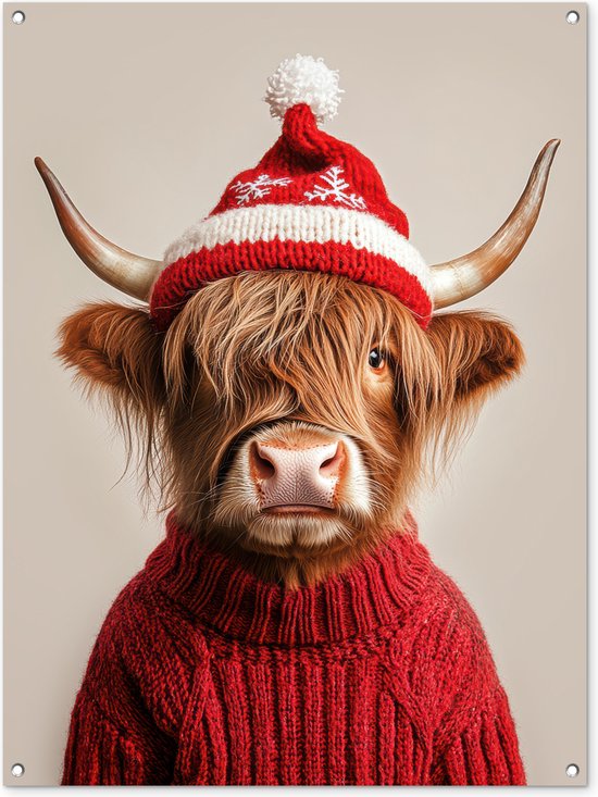 Affiche de jardin - Toile de jardin - Posters de jardin extérieures - Scottish Highlander - Noël - Chapeau - Pull - Hiver - 90x120 cm - Jardin
