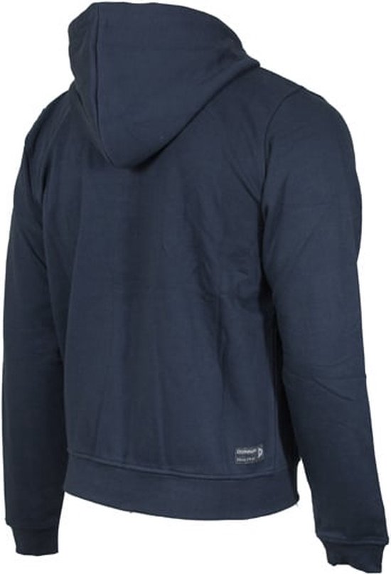 Donkerblauwe hoodie, gezien vanaf de achterkant.