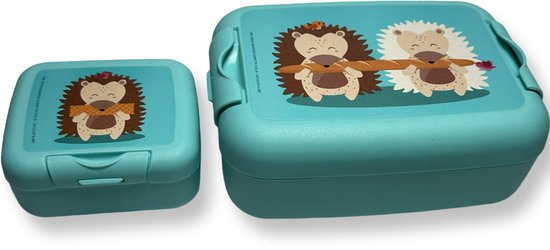 Deux boîtes à tartines turquoise, une petite et une grande, avec des hérissons tenant des gaufres.