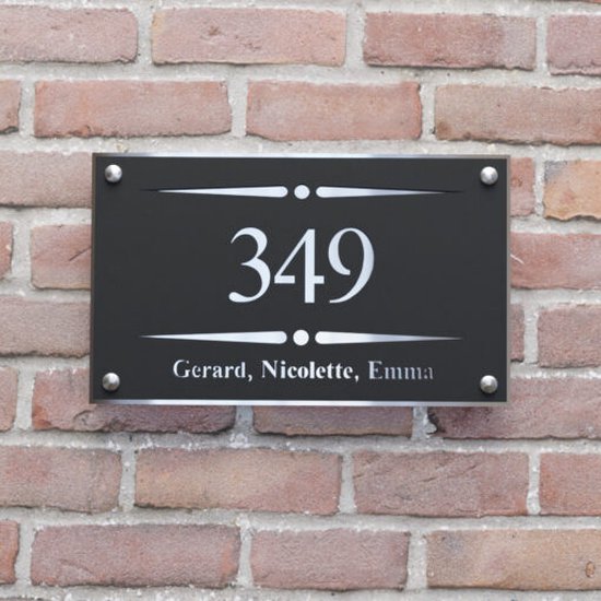 Plaque signalétique de porte d'entrée - Plaque d'immatriculation de maison - Rayure à pois rectangulaire - 25x15 - noir/argent - Entretoises en acier inoxydable