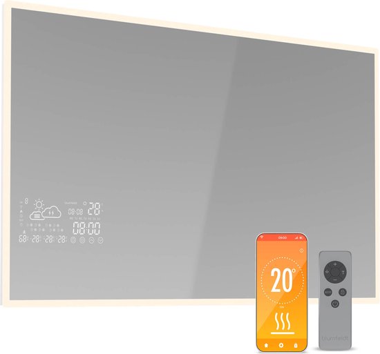 Miroir blanc avec éclairage de bordure LED, affiche l'heure, la météo et la température.