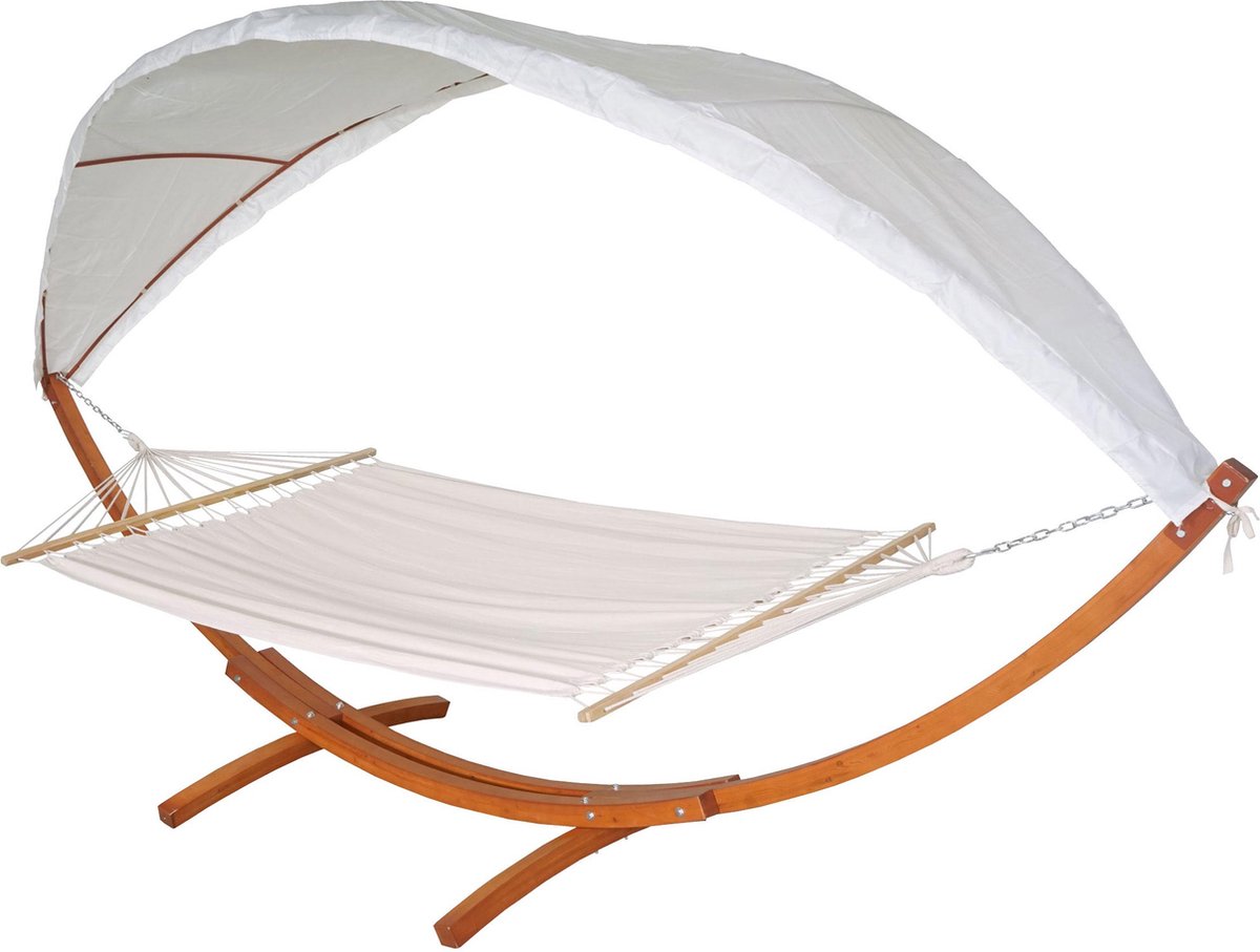 Hangmat MCW-J47, hangschommel tot 200 kg Zonnescherm MVG-houten frame 420 cm 2 personen ~ bruin, crème-wit