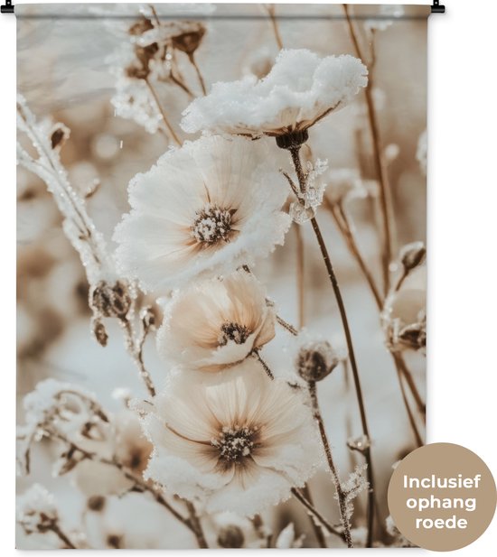 Wandkleed 120x160 cm - Wanddoek Bloemen - Winter - Wit - Sneeuw - Beige - Wandtapijt - Wandkleden