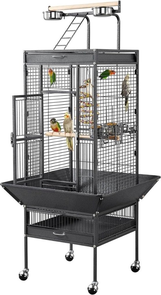 Vogelkooi - Vogelkooien Voor Binnen & Buiten - Voliere Met Opvangbak Voor Gemakkelijke Reiniging - Papegaaienkooi Op Wieltjes - Parkietenkooi 156 cm Hoog - Kooi – Vogelhuis – Vogelvoliere - 65.5 x 65.5 x 156 cm