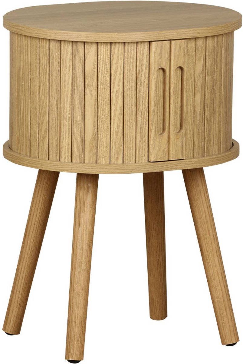 sweeek Ovale nachtkastje 2 schuifdeuren verzonken handgrepen, geribbeld houteffect, l40 x l34 x h54,8cm Naturel