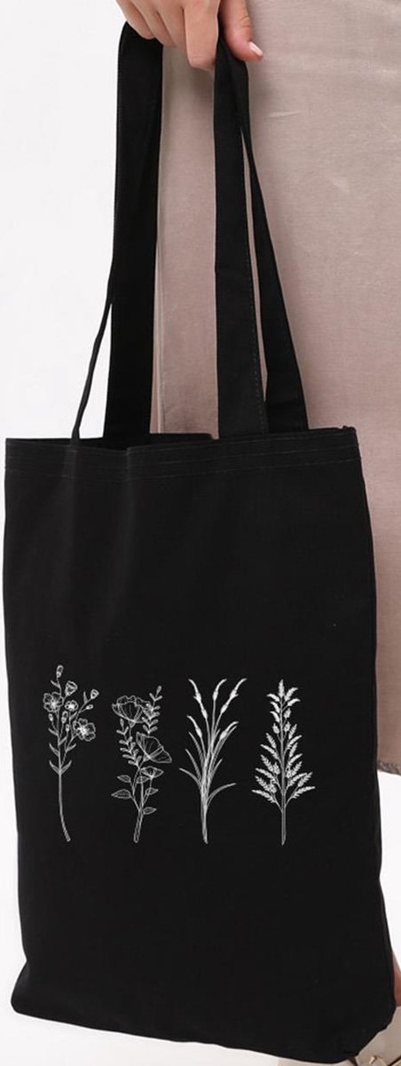 Kwube Dames Tassen - Shopper - Zwart Katoen - Linnen Tas - Bloemen Design - 35x40 cm - Katoenen Schoudertas - Zwarte Boodschappentas - Florals Black Cotton Tote Bag - Cadeau Voor Haar