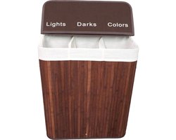 ENGLISH HOME 100L opvouwbare 3-compartimenten wasmand met deksel, wasmand met uitneembare voering, opberg organizer, wasmanden voor wasgoed badkamer, bamboe 52x32x60 cm Bruin