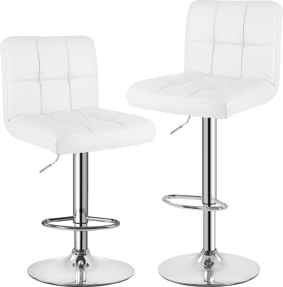 Set de 2 Tabourets de bar - Chaise de Cuisine - Rotatif à 360° - Hauteur réglable - avec dossier et repose-pieds - Wit