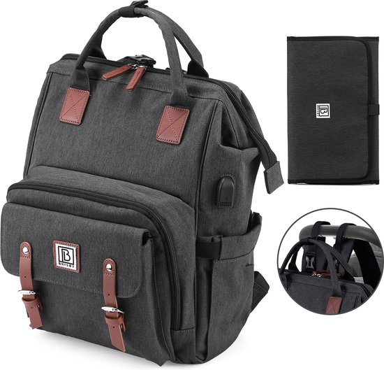 Foto: Brisby overzichtelijke luiertas verzorgingstas met buggymontage en stay open frame verschoonmatje usb oplaadfunctie ge soleerde flessen vakjes donkergrijs