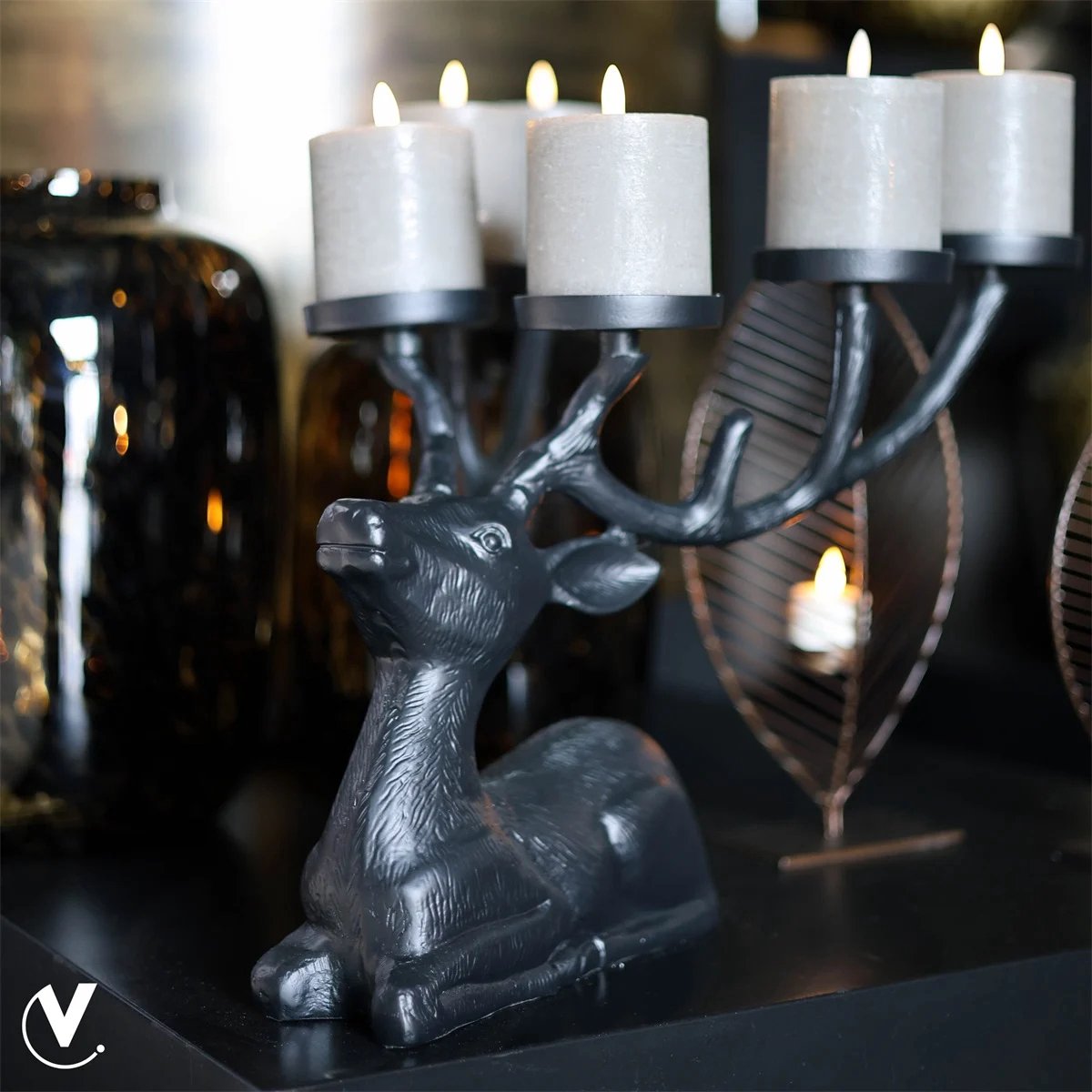 Kandelaar Maloca | zwart - black | Hert | Home Decoratie | L37 x B35 x H31 cm