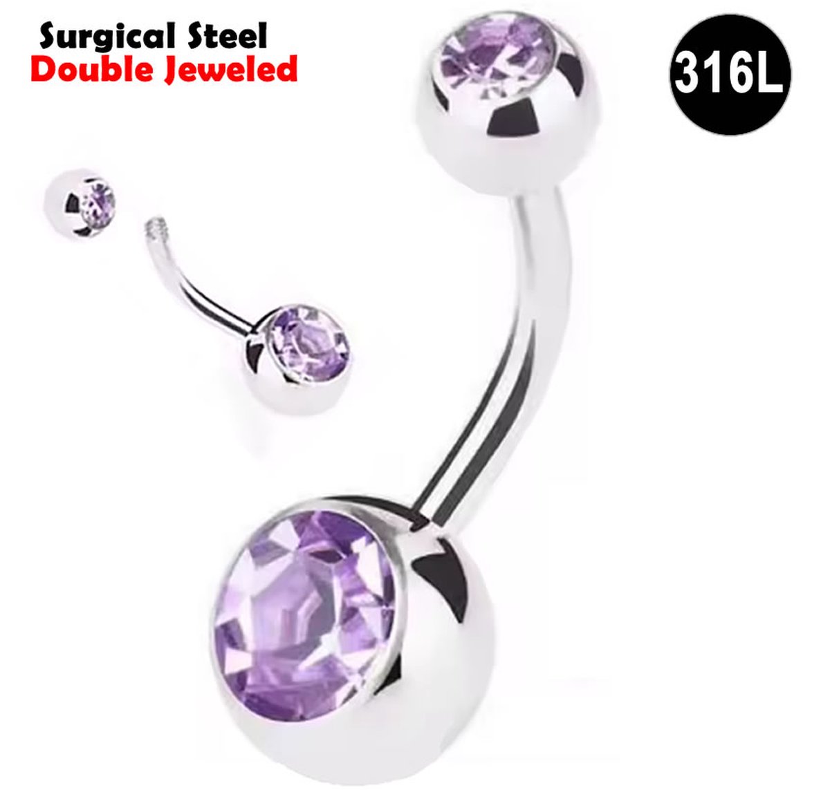 Navelpiercing - Chirurgisch staal - met Lila zirkonia stenen - Double Jeweled