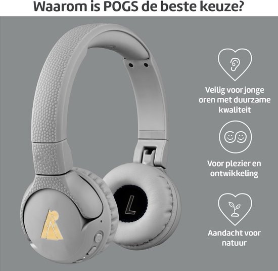POGS - The Gecko 2 - Draadloze on-ear kinder koptelefoon - Bluetooth - Veilige volumebegrenzing - Duurzaam - Gratis app voor extra functies - rGrijs