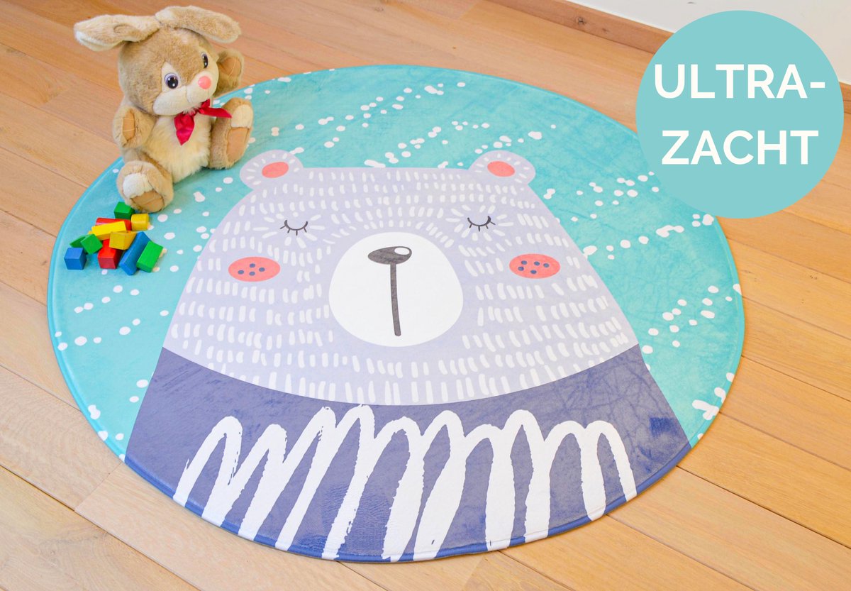 Mats & Joy Blauwe Beer Kindertapijt Rond 130cm - Ultrazacht Kinderkleed - Anti-slip - Wasbaar Tapijt Kinderkamer / Speelkleed / Kindermat / Rond Vloerkleed / Speelmat / Kindervloerkleed / Tapijt Kinderen