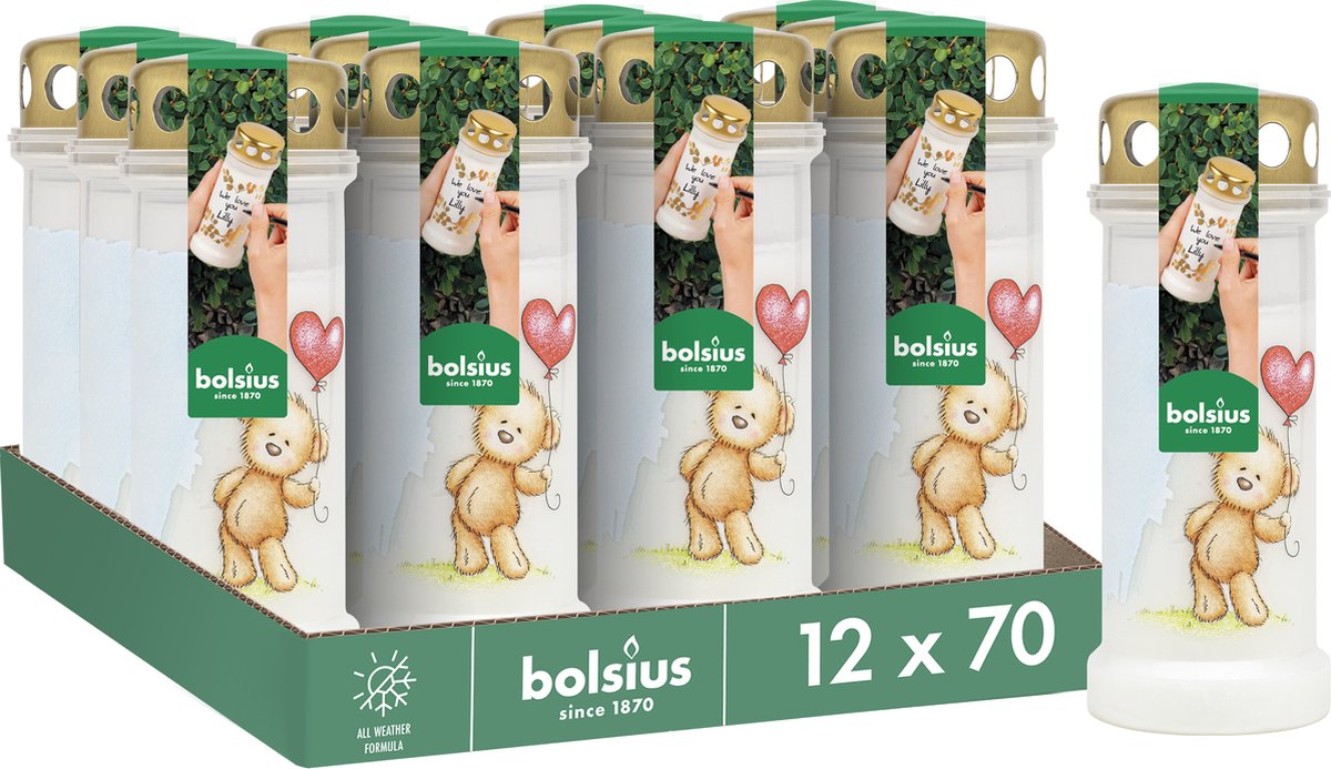 Bolsius Herdenkingslicht - Wit met Teddybeer Print - 12 stuks - 70 branduren - 3 Dagen Wit Teddybeer