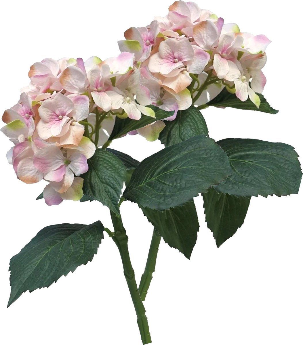 Bellatio Design Kunstbloem Hortensia tak - 5x - roze - 48 cm - losse steel - Kunst zijdebloemen - hydrangea