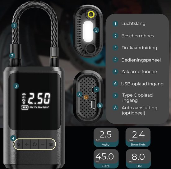 JC's® Elektrische bandenpomp - Elektrische fietspomp - POWERBANK - Scooter/Motor/Auto/Fiets - Autobanden Pomp - Luchtpomp - Bandenpomp - 4200 mAh - Tot wel 10.3 Bar - USB Oplaadbaar - Inclusief 4 Opzetstukken van JC's — afbeelding 5