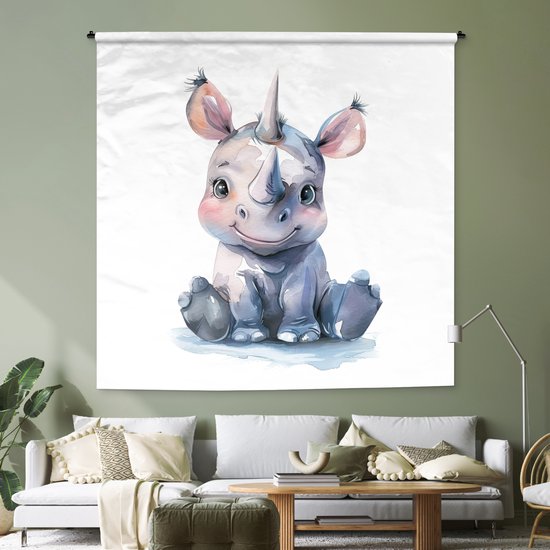 Wandkleed 180x180 cm - Wanddoek Neushoorn - Baby dier - Dieren - Wandtapijt - Wandkleden