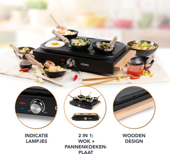 DOMO DO8719W Wok party set - 6 personen - Ook voor pannenkoeken - 1000 W - Houten handvaten — afbeelding 4