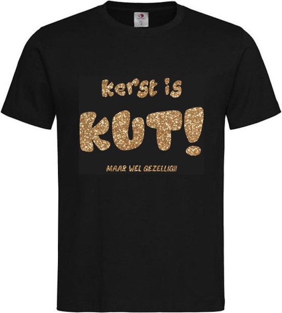 T-shirt Unisexe Adultes Noël Noël Homme Femme Texte drôle "Noël c'est nul mais c'est amusant !! " Sur le devant | manche courte | PAILLETTES Zwart/ Or | taille M