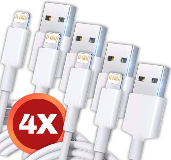 4x Oplader - Geschikt voor Lightning naar USB A Kabel - Oplaadkabel geschikt voor iPhone X/11/12/13/14 - Opladers - Wit