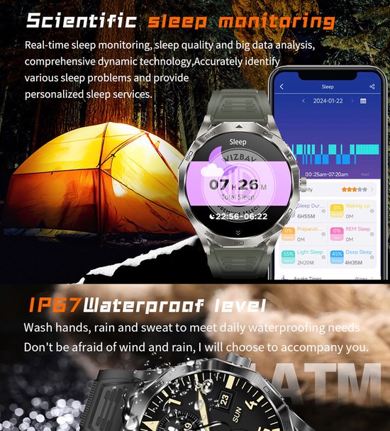 Zilveren smartwatch met groene band, toont slaapgegevens. Naast een tent.