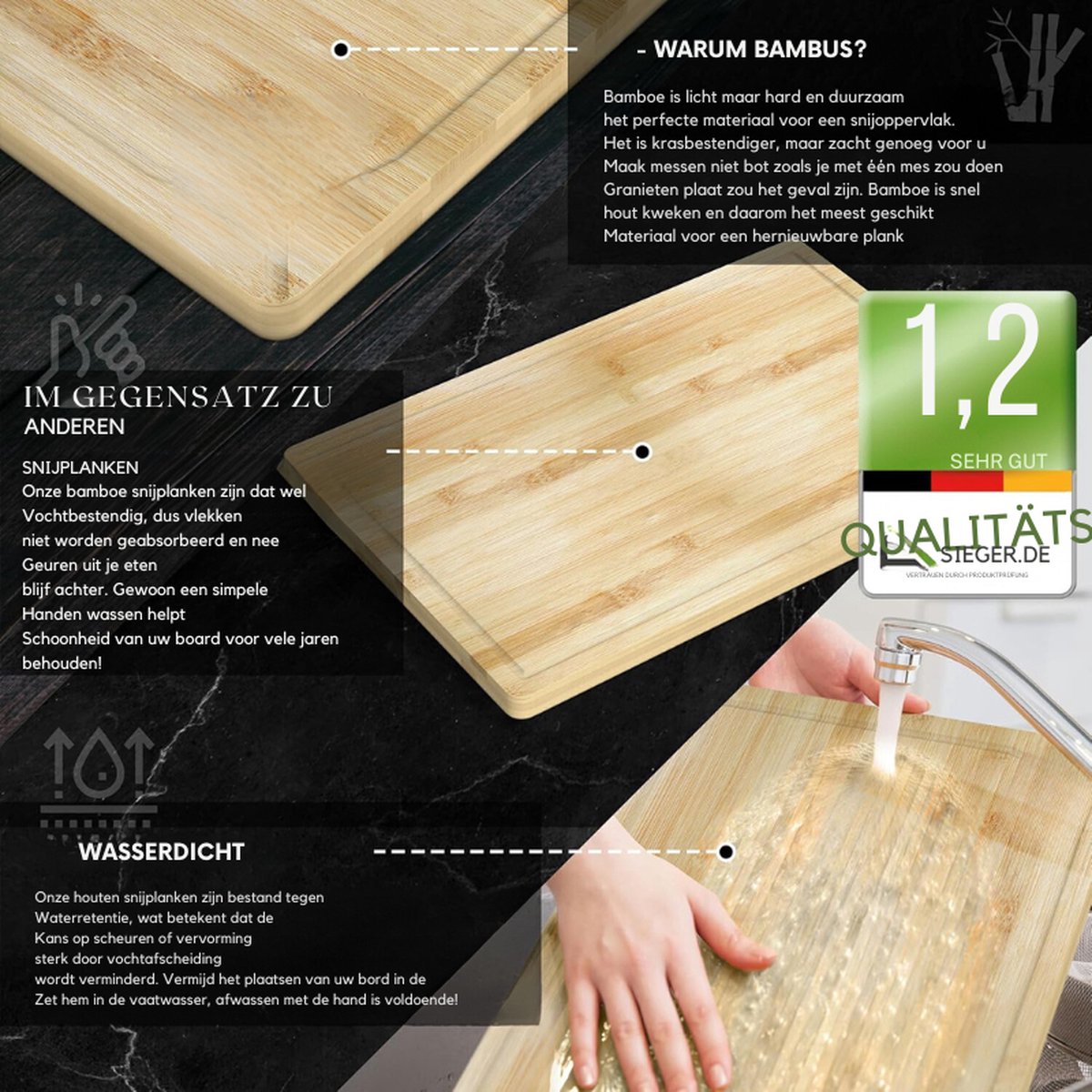 Deer & Oak XXXL Bamboe snijplank 60 x 40 x 3,2 cm, voorgeolied 2 voet