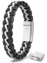 Malinsi® Armband heren - Strong Zilverkleurig Gevlochten RVS en Leer - 20 cm + 2 cm verlengstuk - Armbandje Mannen