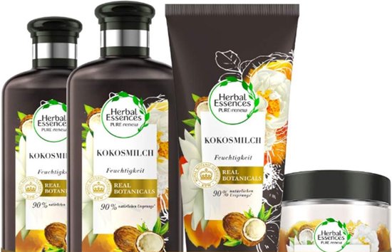 Herbal Essences Pure Hydraterende Kokosmelk- 2x Shampoo 250 ml + 1x Conditioner 200 ml + 1x Masker 250 ml.