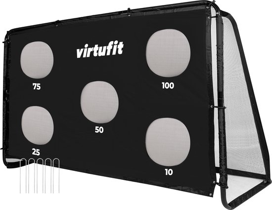 VirtuFit But de Football Pro avec Mur de Cible — But de Football — 300 x 200 cm — Mur de Cible avec 5 zones ouvertes — Montage rapide — But de Football avec filet à trous — Inclus 4 ancrages au sol