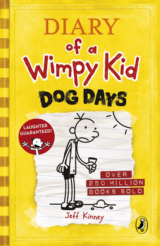 Couverture du livre "Diary of a Wimpy Kid Dog Days", avec un dessin de Greg et le texte "Dog Days".