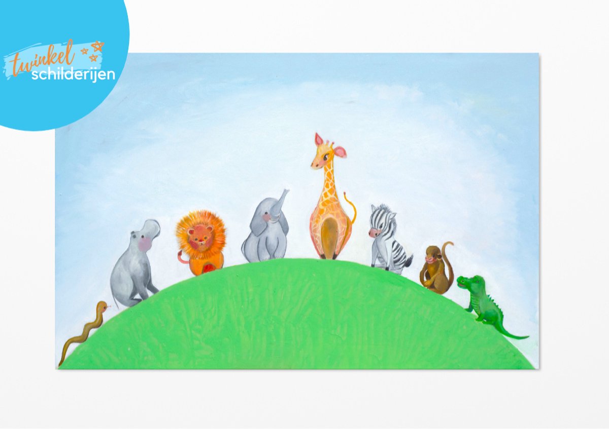 Twinkelschilderijen wanddecoratie kinderkamer dieren - De jungle dieren - Olifant Leeuw Zebra Giraffe - Canvas wanddecoratie kinderkamer en babykamer - accessoire - Schilderij en prent door Twinkelschilderijen | Incl GRATIS ophangsysteem |