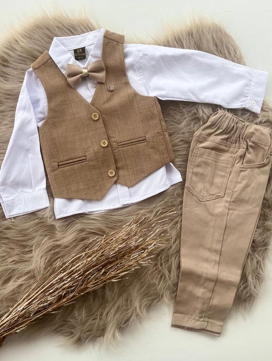 costume de luxe garçon - costume enfant - costume enfant - ensemble 3 pièces - gilet camel marron clair, pantalon beige, chemise blanche unie, noeud papillon - garçons d'honneur - mariage - fête - anniversaire - séance photo - 8 ans taille 128
