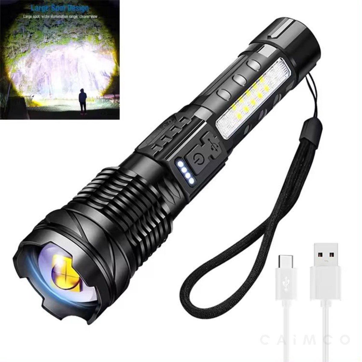 Caimco LED Zaklamp 2000 Lumen – Oplaadbare Militaire Zaklamp met 2 Lichten & 7 Lichtstanden – USB-C Waterproof Zaklamp – Geschikt voor Survival, Camping & Noodpakket