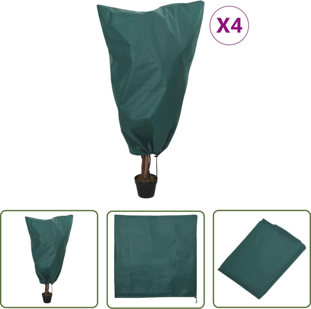 vidaXL Planten Beschermen - Vlieshoes - Vlieshoezen voor planten met trekkoord 4 st 70 g/m² 0,8x0,8 m - Vorstbescherming - Winterbescherming - Groene Vlieshoezen