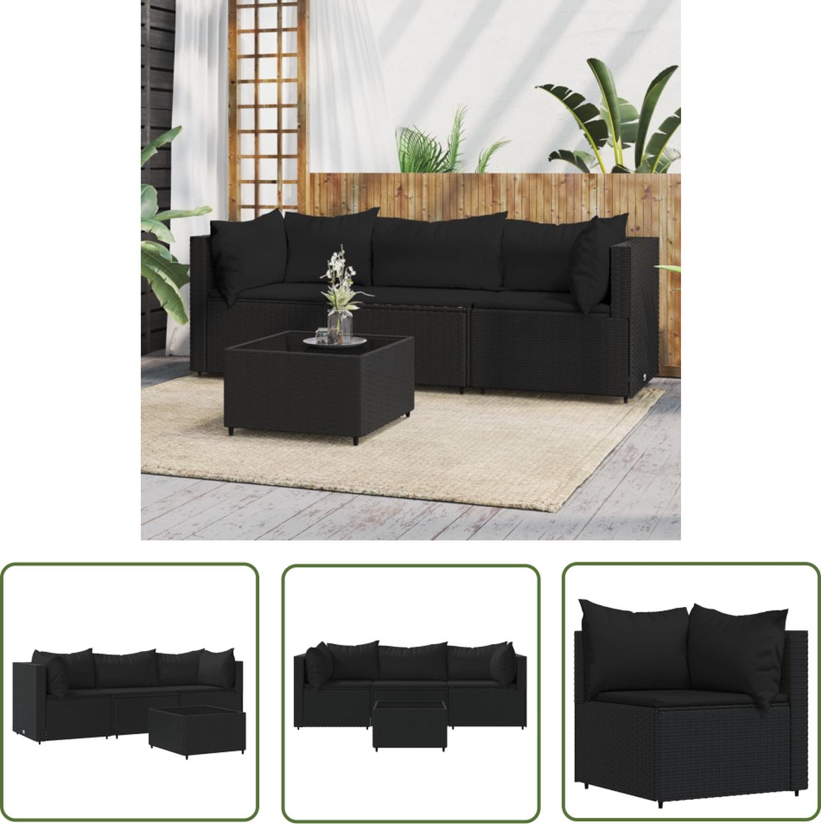 The Living Store Loungeset s Schwarz - Modular - Wetterfest - PE-Rattan Loungeset - Lounge Set - Buitenset - Tuinset - Zwarte Loungebank - Tuinstoel - Terrasstoelen - Balkonmeubel - Garden Furniture