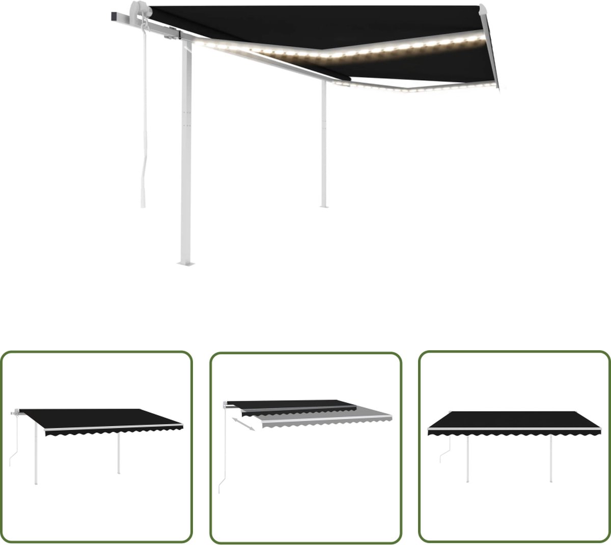 Automatische luifel met LED, windsensor, antracietkleurig, 4x3,5 m, geschikt voor tuin, parasol, zonnezeil, overkapping.