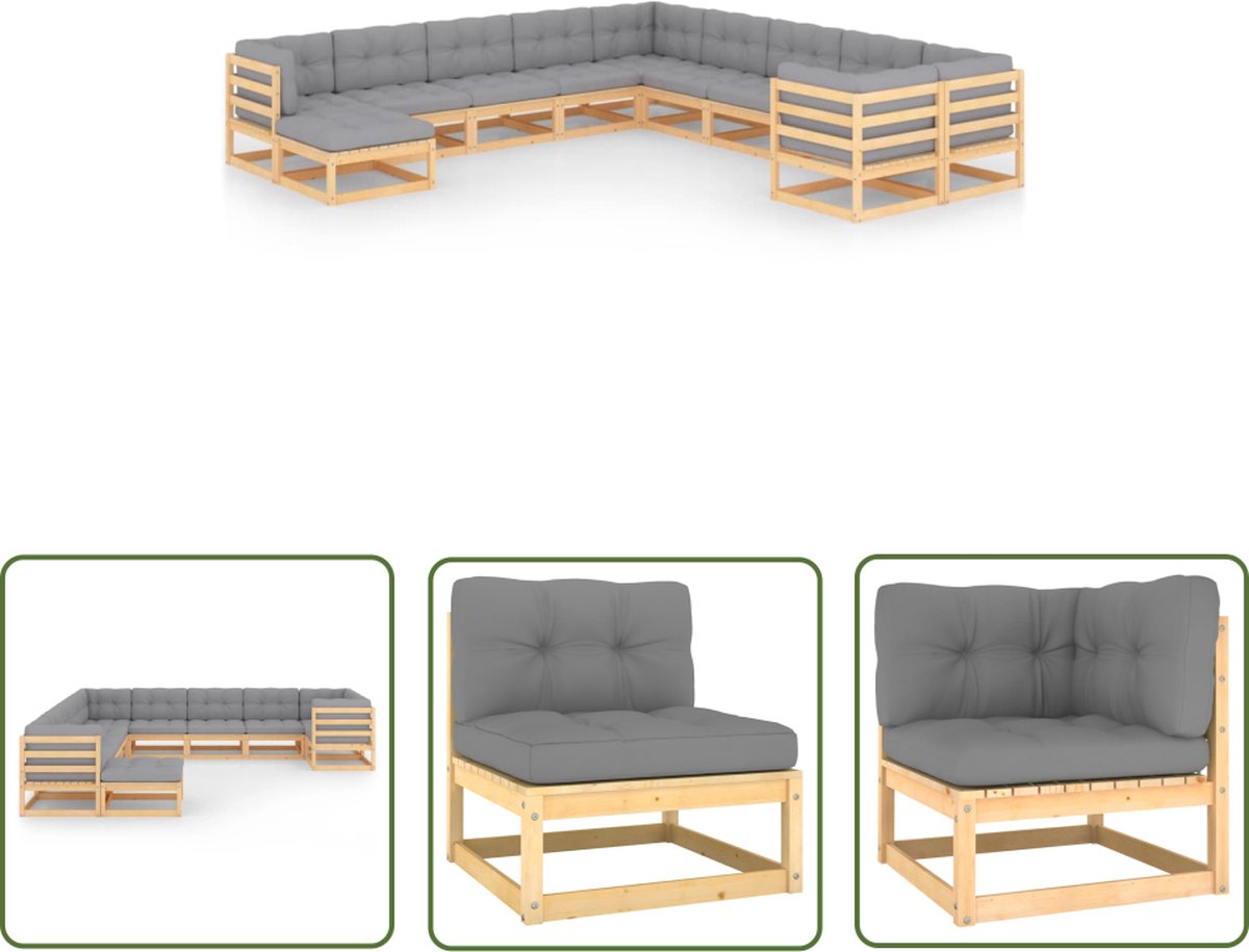 The Living Store 11-delige Loungeset met kussens massief grenenhout - Loungestoel - Tuinset - Houten Loungebank - Buitendecor - Tuinlounge