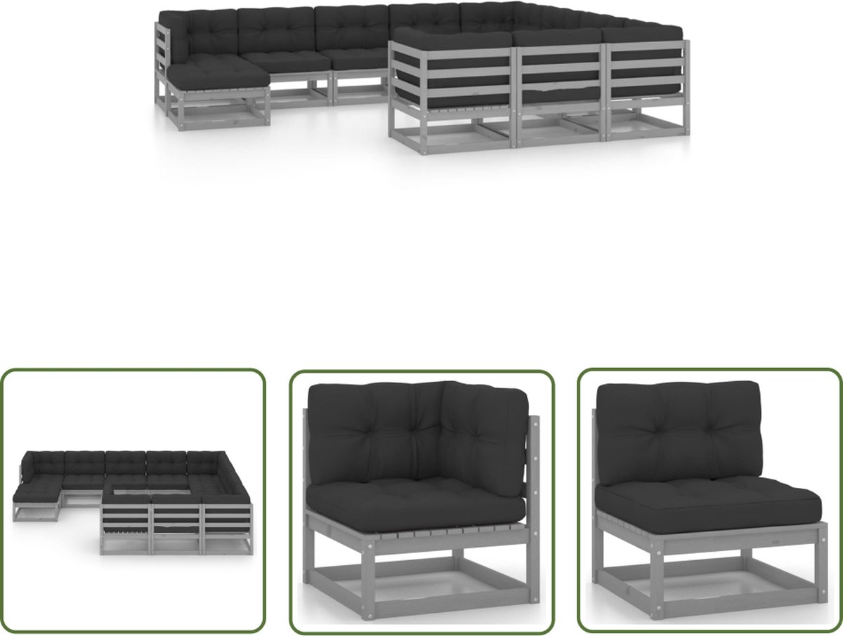 The Living Store 11-delige Loungeset met kussens massief grenenhout grijs - Loungebank - Tuinbank - Houten Lounge Set - Grenenhout - Loungegroep