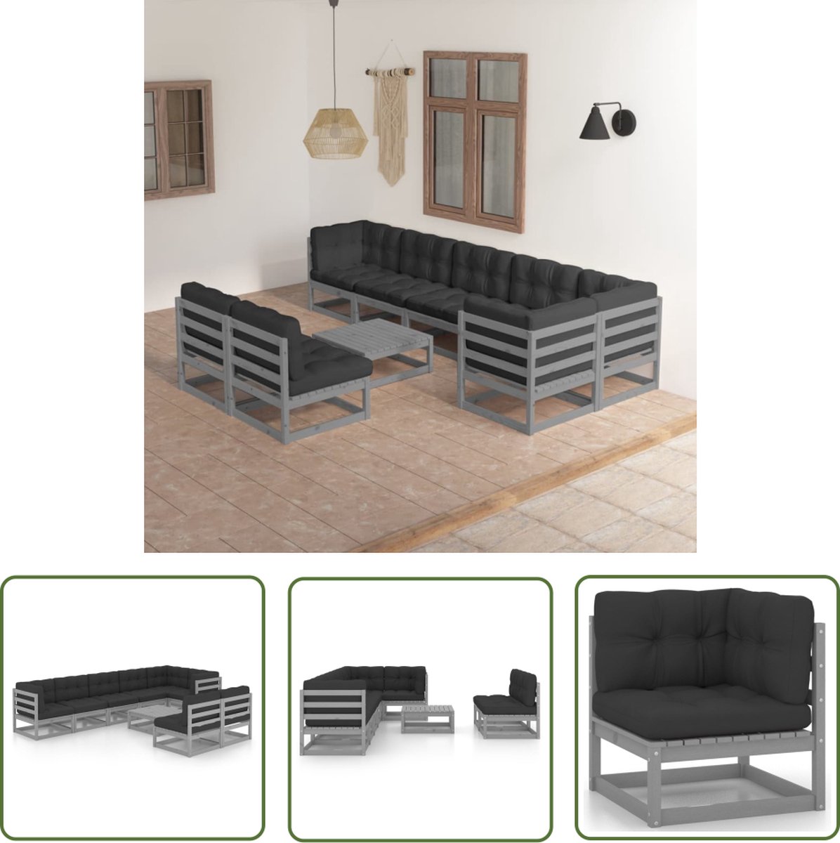 The Living Store 9-delige Loungeset met kussens massief grenenhout - Loungestoel - Lounge Set - Tuinset - Buitendecor - Houten Bank