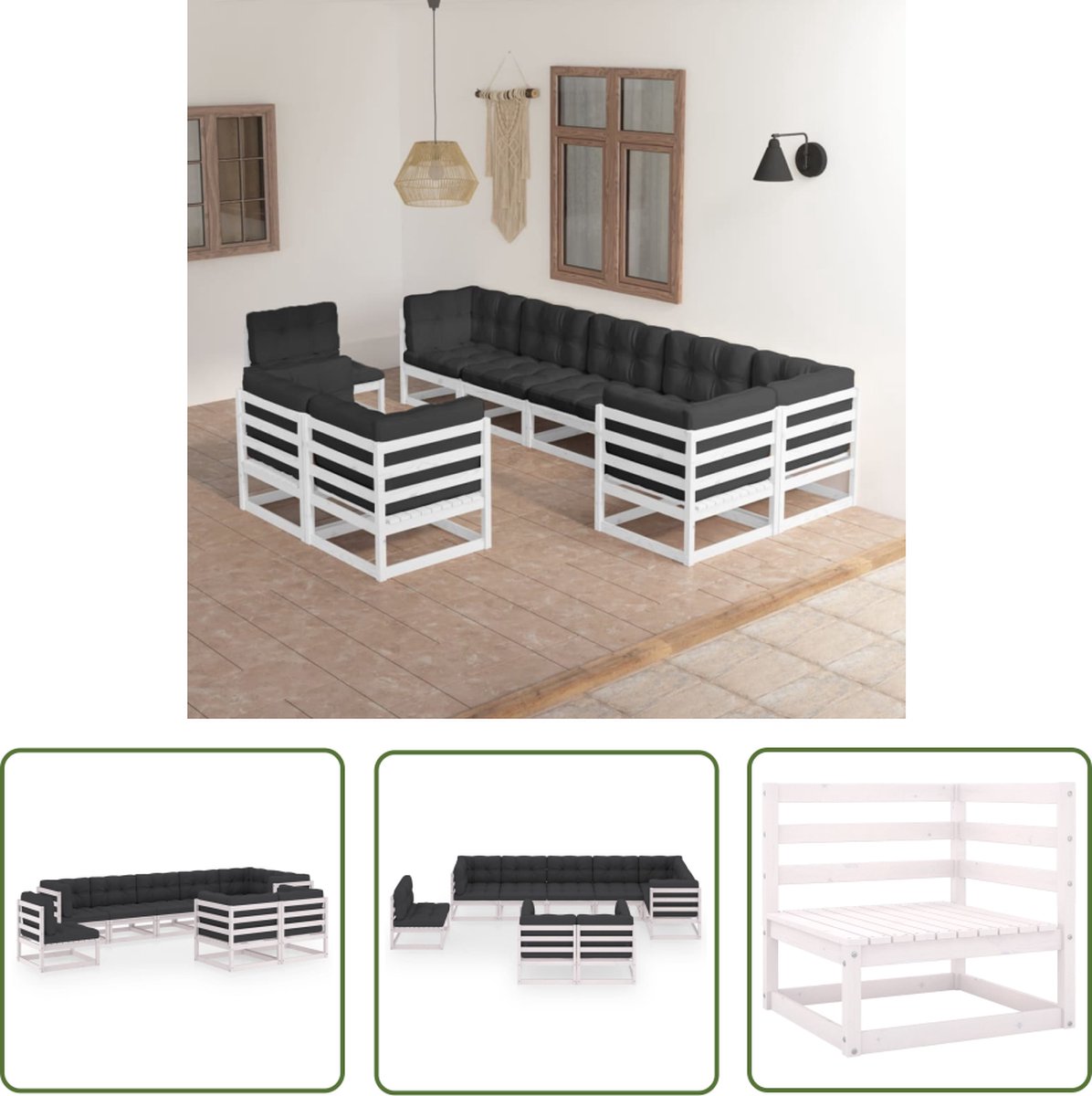 Massief grenenhouten loungeset met kussens voor buitenpatio - The Living Store.