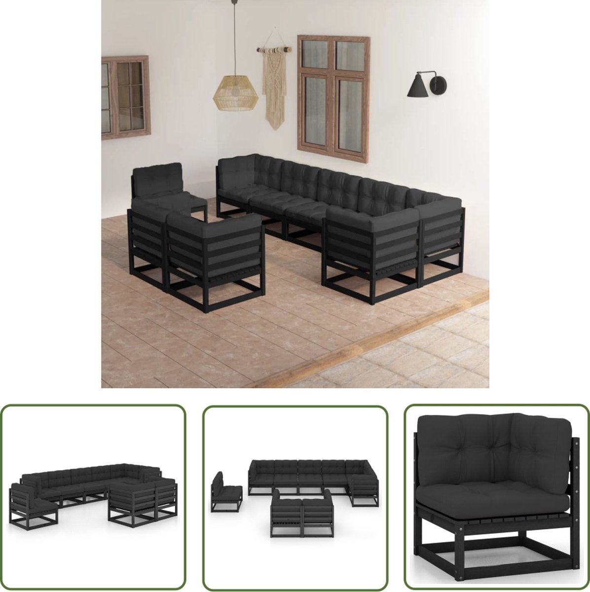 The Living Store 9-delige Loungeset met kussens massief grenenhout - Tuinstoel - Lounge Set - Buitendecoratie - Houten Meubel - Loungestoel