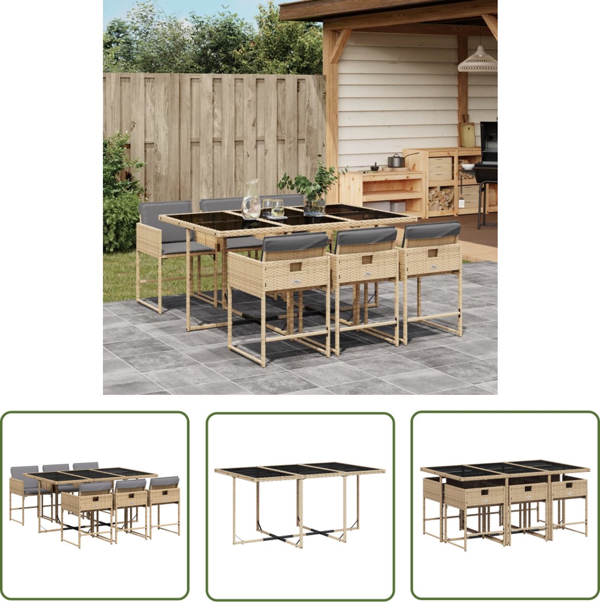 The Living Store 7-delige Tuinset met kussens poly rattan gemengd beige - Tuin Set - Buitenmeubilair - Lounge Set - Eetkamerset - Patio Set