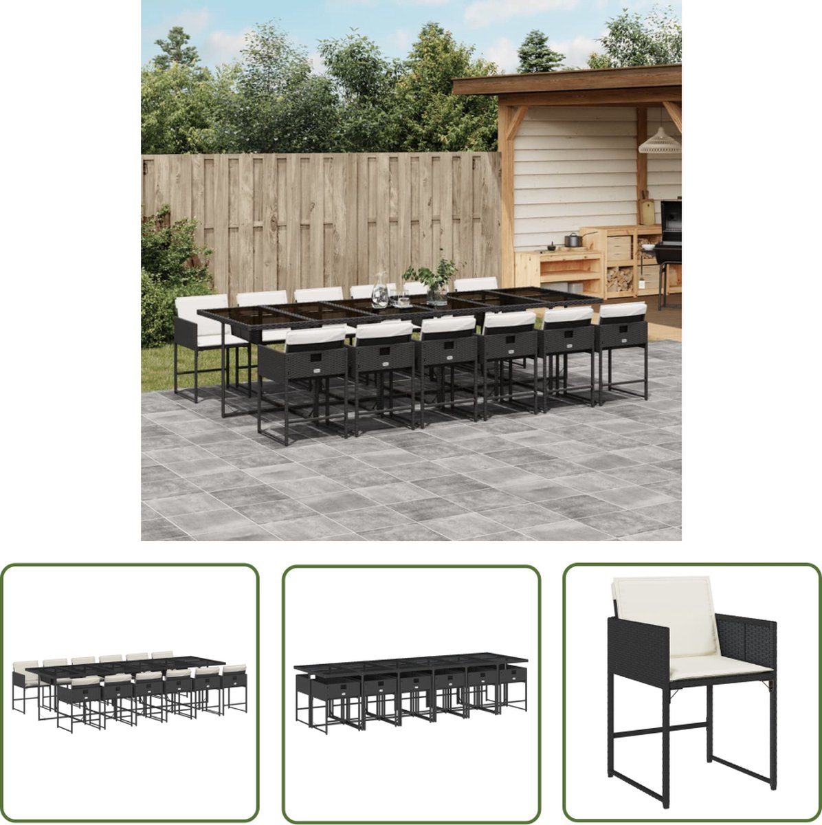Zwarte poly rattan tuinset met kussens en eettafelstoelen - The Living Store