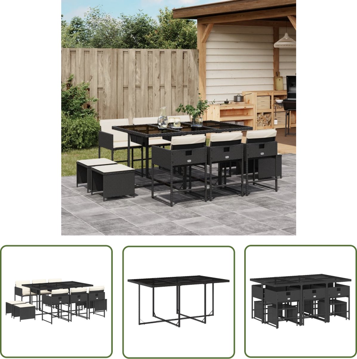 The Living Store 11-delige Tuinset met kussens poly rattan zwart - Tuinset - Buitendecoratie - Lounge Set - Eetkamerset - PE-rattan