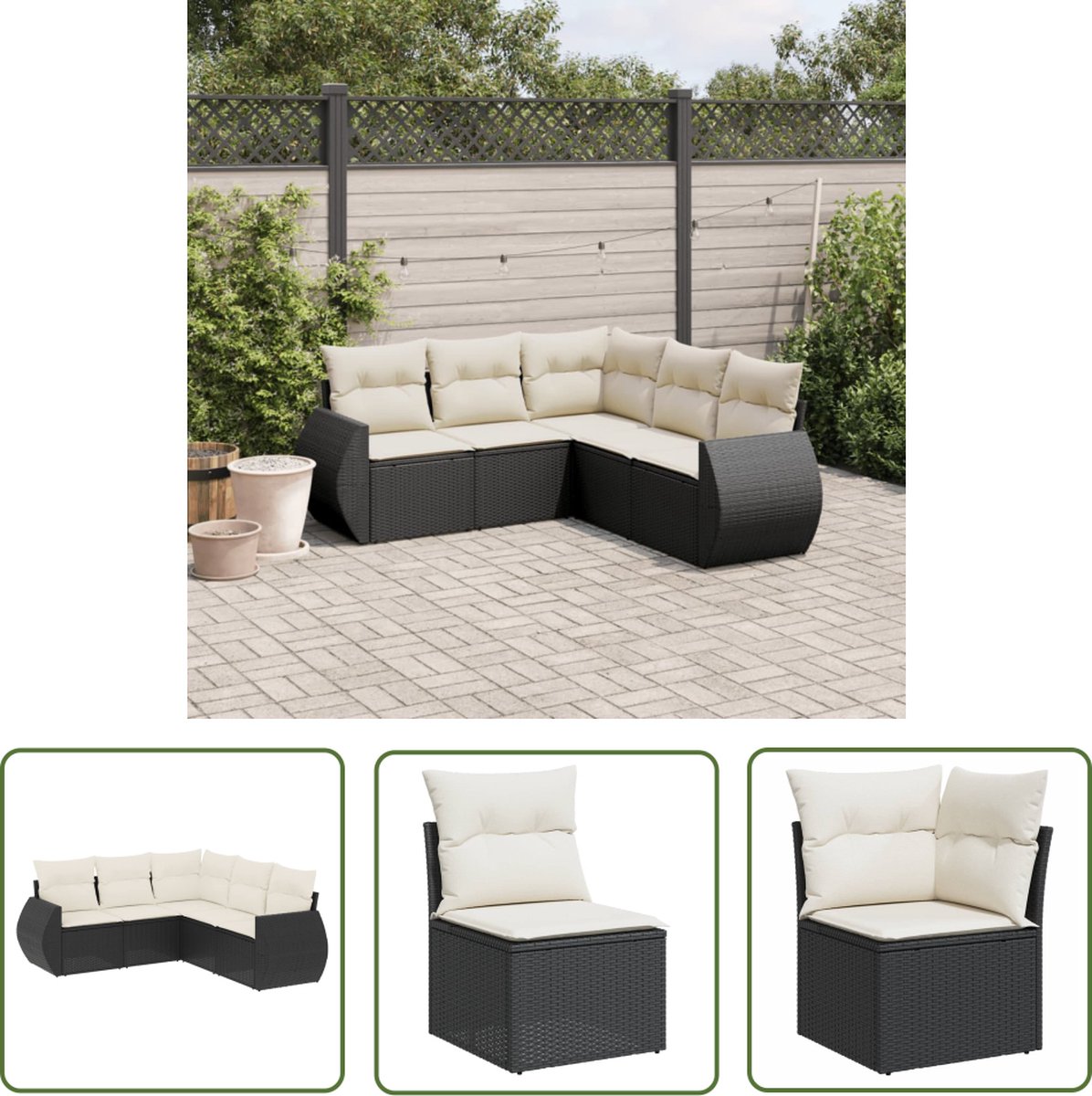 Zwart poly rattan loungeset met kussens voor buiten - The Living Store.